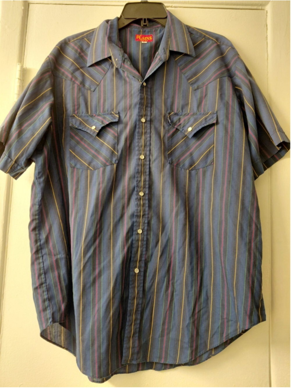 plains western wear pearl snap Large Blue w/ Red Stripe Trendy Button-Up Vintage